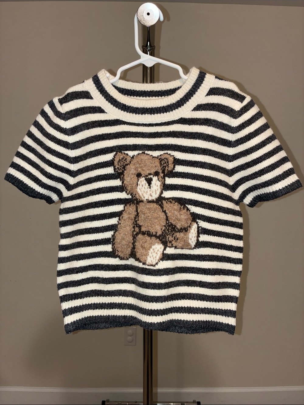 Freshman 1996 Striped Knit Teddy Bear Short Sleeve Sweater